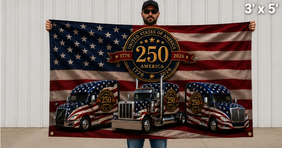 250th Anniversary Patriotic Truckers Flag — Double-Sided American Flag with Semi Trucks