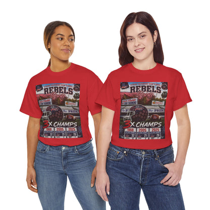 Rebels Football Champs T-Shirt — 3x Champs w/custom text on back