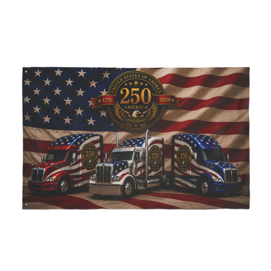 250th Anniversary Patriotic Truckers Flag — Double-Sided American Flag with Semi Trucks
