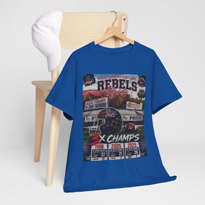 Rebels Football Champs T-Shirt — 3x Champs w/custom text on back