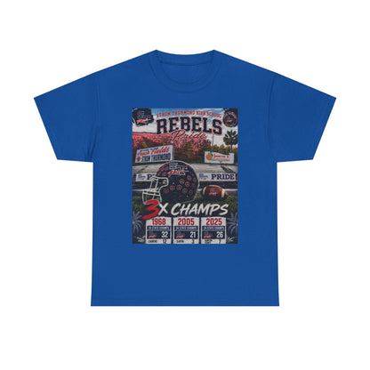 Rebels Football Champs T-Shirt — 3x Champs w/custom text on back