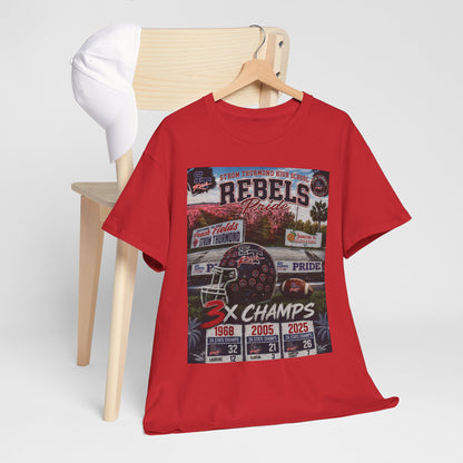 Rebels Football Champs T-Shirt — 3x Champs w/custom text on back