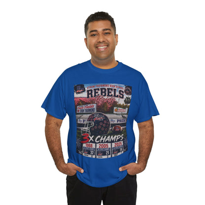 Rebels Football Champs T-Shirt — 3x Champs w/custom text on back