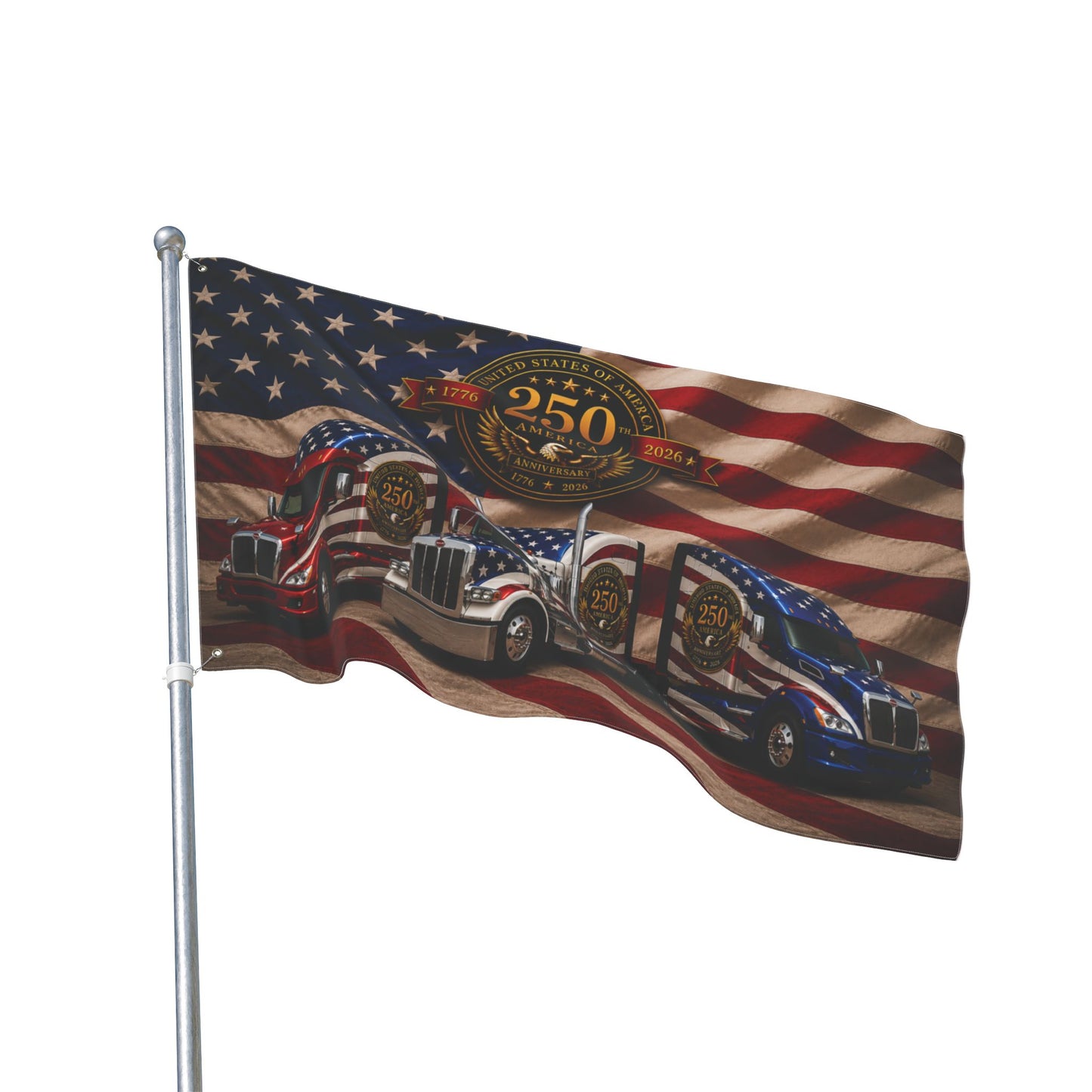 250th Anniversary Patriotic Truckers Flag — Double-Sided American Flag with Semi Trucks