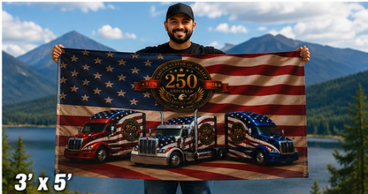 250th Anniversary Patriotic Truckers Flag — Double-Sided American Flag with Semi Trucks