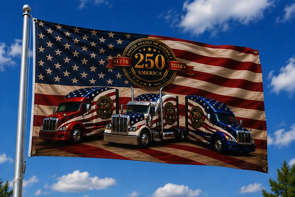 250th Anniversary Patriotic Truckers Flag — Double-Sided American Flag with Semi Trucks
