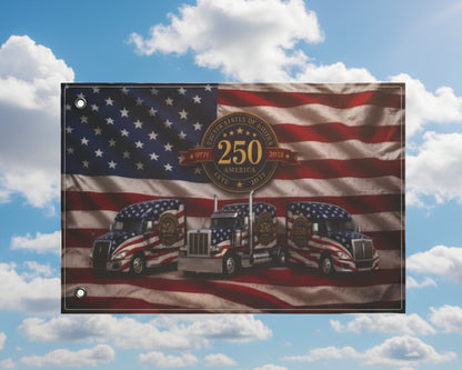 250th Anniversary Patriotic Truckers Flag — Double-Sided American Flag with Semi Trucks