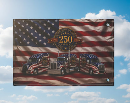 250th Anniversary Patriotic Truckers Flag — Double-Sided American Flag with Semi Trucks
