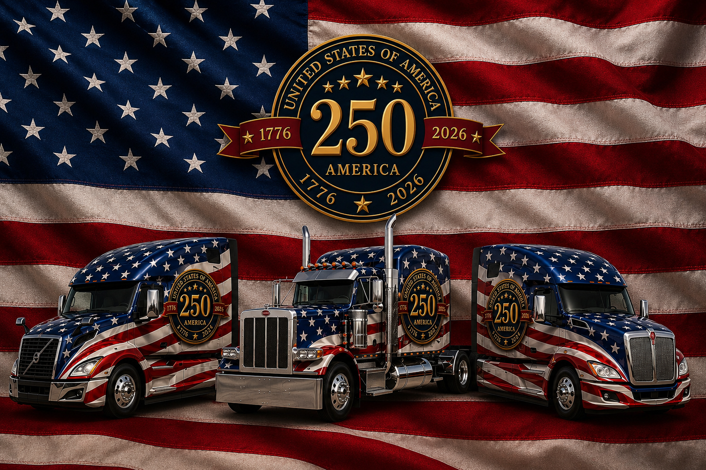 250th Anniversary Patriotic Truckers Flag — Double-Sided American Flag with Semi Trucks