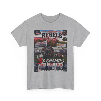 Rebels Football Champs T-Shirt — 3x Champs w/custom text on back