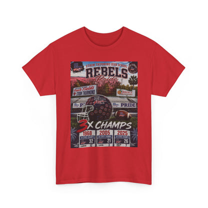 Rebels Football Champs T-Shirt — 3x Champs w/custom text on back