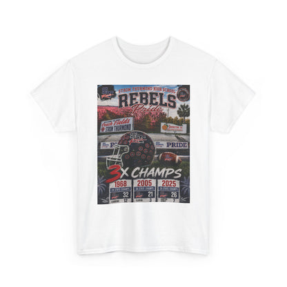 Rebels Football Champs T-Shirt — 3x Champs w/custom text on back
