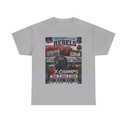 Rebels Football Champs T-Shirt — 3x Champs w/custom text on back