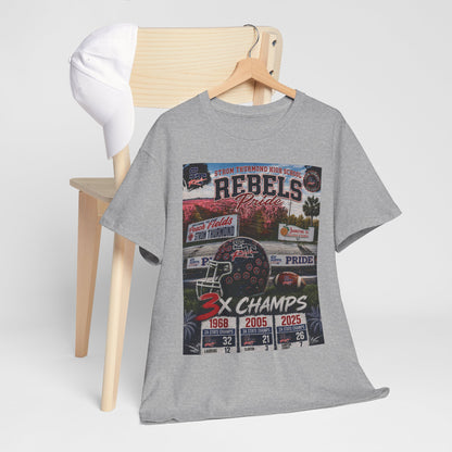 Rebels Football Champs T-Shirt — 3x Champs w/custom text on back