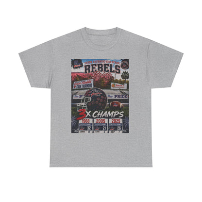 Rebels Football Championship Tee – "3x Champs" Team Pride Shirt