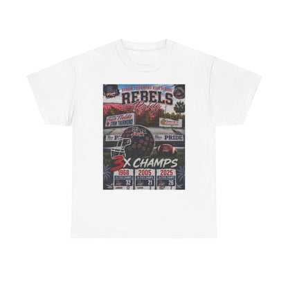 Rebels Football Champs T-Shirt — 3x Champs w/custom text on back