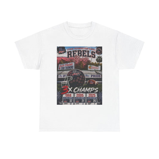 Rebels Football Champs T-Shirt — 3x Champs w/custom text on back