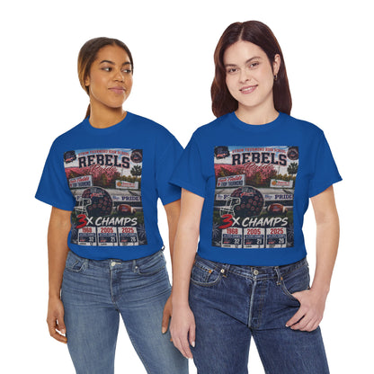 Rebels Football Champs T-Shirt — 3x Champs w/custom text on back