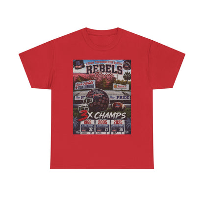 Rebels Football Champs T-Shirt — 3x Champs w/custom text on back