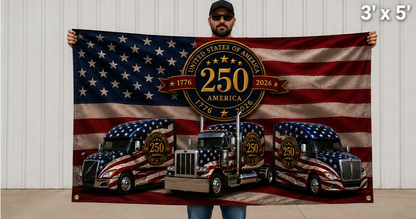 250th Anniversary Patriotic Truckers Flag — Double-Sided American Flag with Semi Trucks