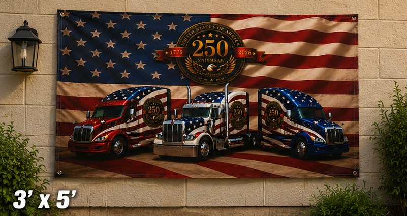 250th Anniversary Patriotic Truckers Flag — Double-Sided American Flag with Semi Trucks