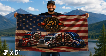 250th Anniversary Patriotic Truckers Flag — Double-Sided American Flag with Semi Trucks